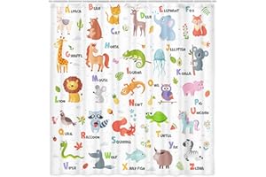 GRTUSPR Kids Alphabet Shower Curtain for Bathroom Decor, ABC Educational Learning Tool Bath Curtain,Cute Cartoon Animals Colorful Girls Boys Art Printed Fabric Polyester Waterproof Curtain Sets 12 PC Hooks