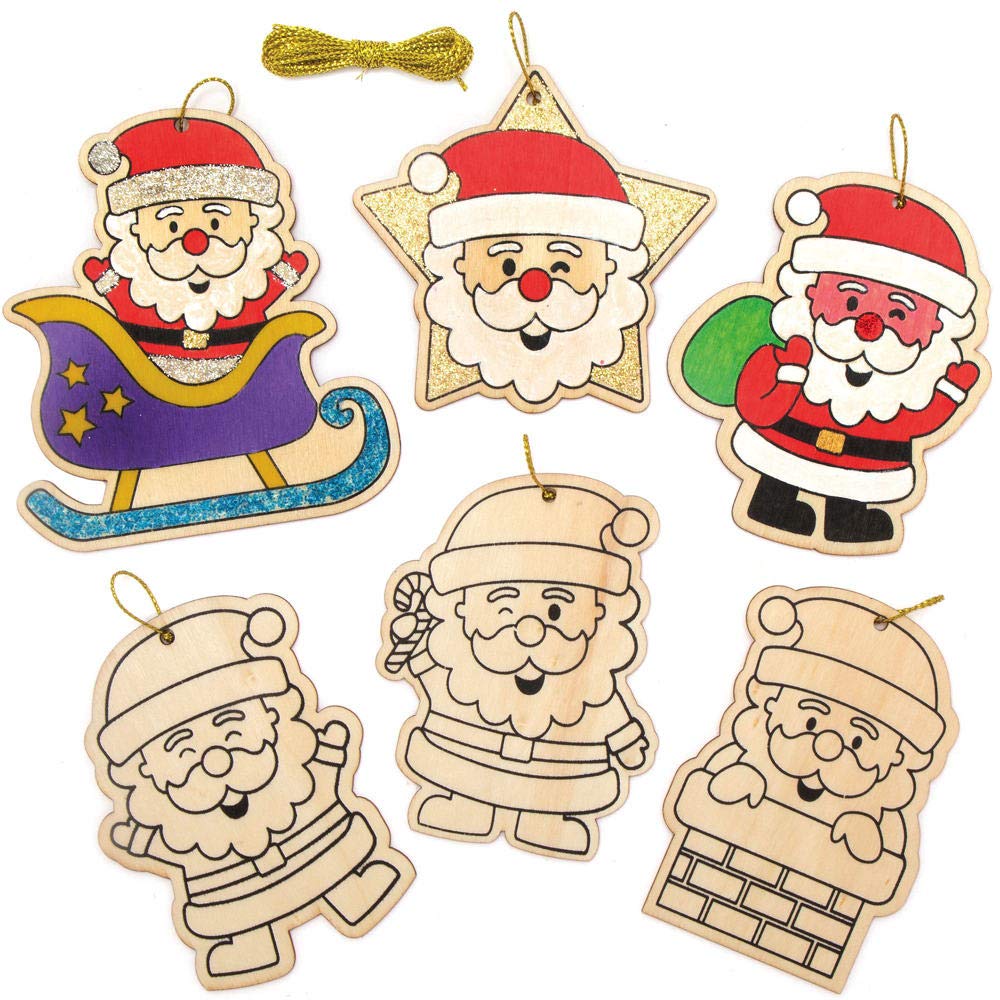 Baker Ross AX420 Jolly Santa Wooden Decorations - Pack of 12, Christmas Decorations for Kids to Decorate and Display, Ideal Kids Arts and Crafts Project , Gold