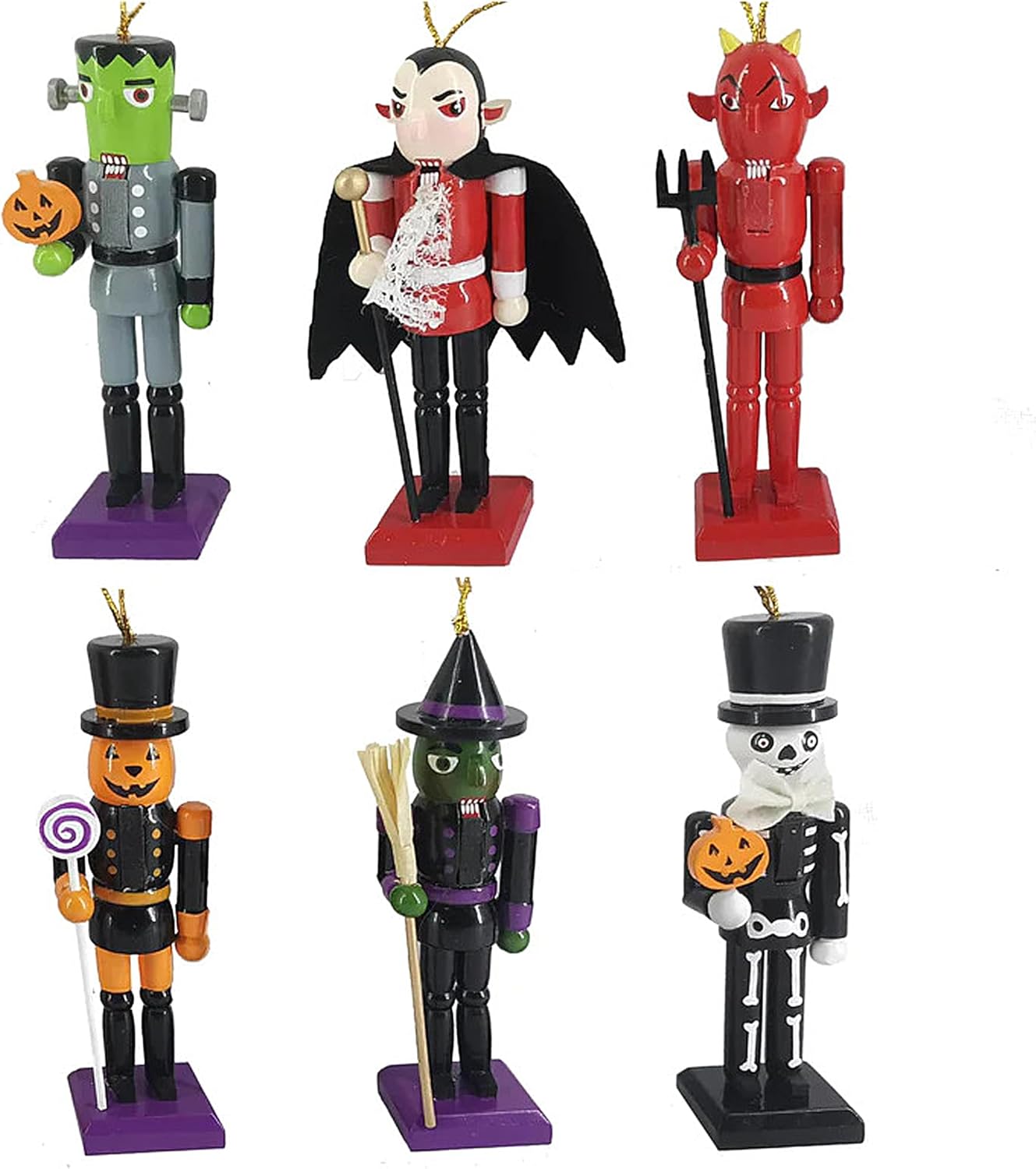 Nutcrackers - Nutcracker Ballet Gifts Halloween Tree Ornaments Set, Wooden Figure Decorations, Spooky Scary Holiday Christmas Home Decor, Set of 6, Dracula, Frankenstein, Red Devil, Skeleton, Goblin, Pumpkinhead