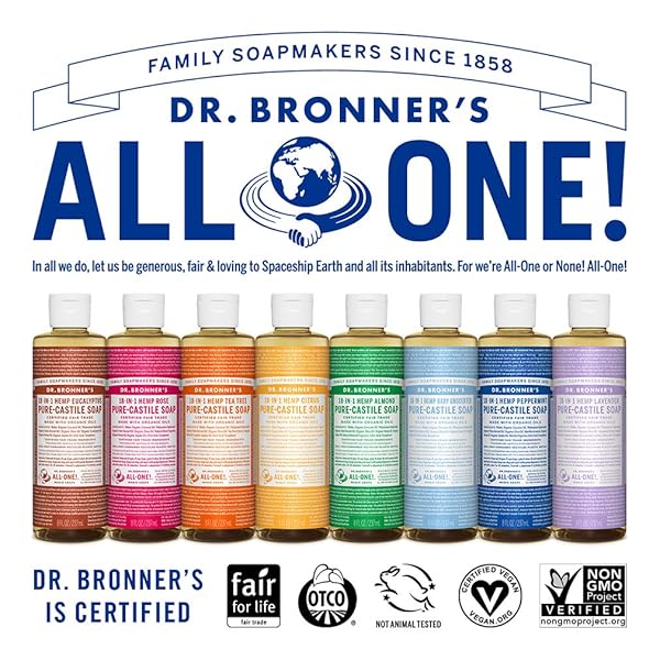 DR. BRONNER’S – PURE-CASTILE LIQUID SOAP (ALMOND, 8 OUNCE) – MADE WITH ORGANIC OILS, 18-IN-1 USES: FACE, BODY, HAIR, LAUNDRY, PETS AND DISHES, CONCENTRATED, VEGAN, NON-GMO