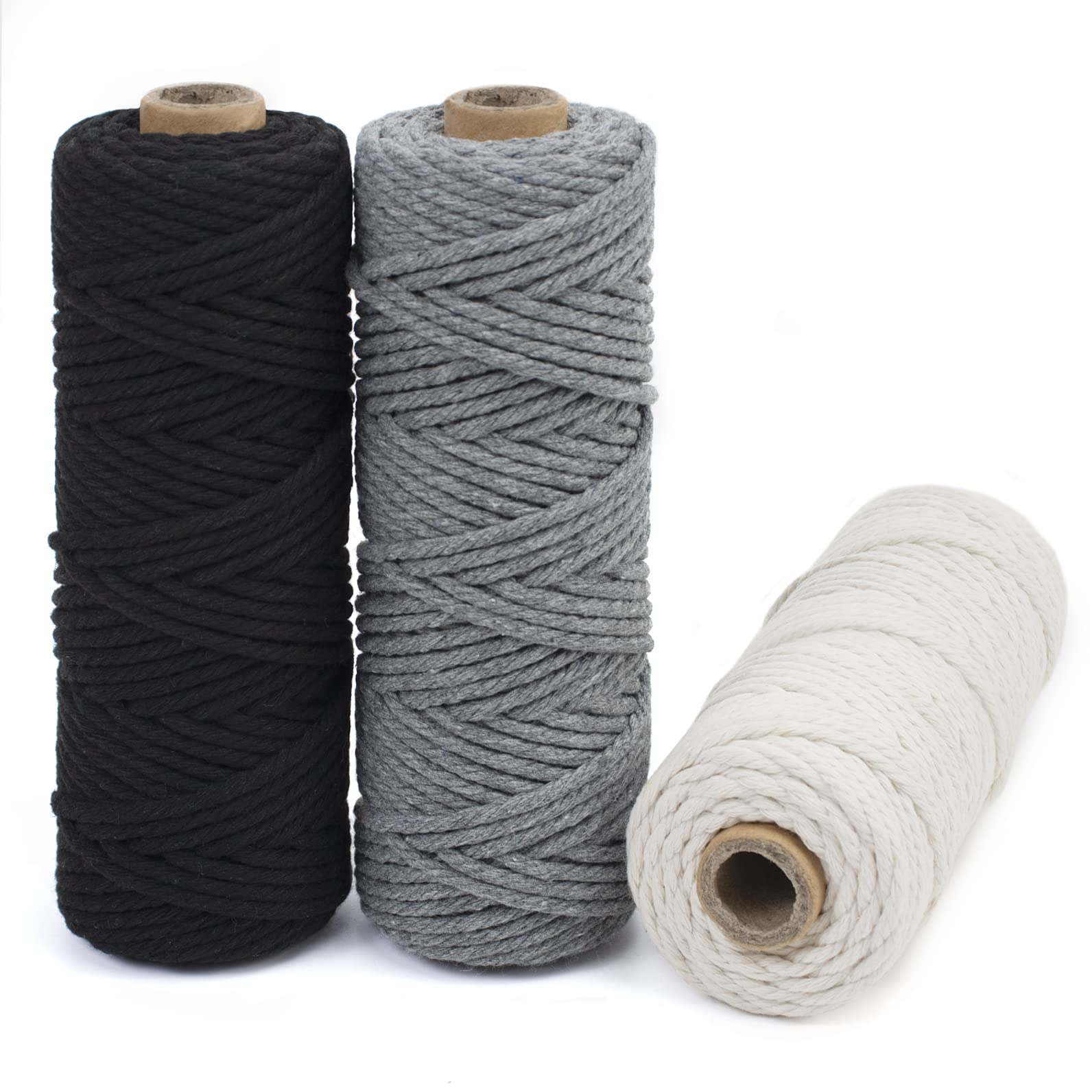 LEREATI Macrame Cord 3mm Set，150m Thick Macrame Cotton Rope Yarn，4 Strand Twisted Soft Macrame String Crafts，Plant Hanger，Wall Hanging，Gift Wrapping，DIY，Home Decor (3 Color J)，J) Black，Gray，Natural