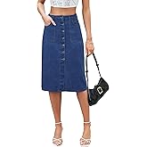 POTILI Denim Skirt Women Long Jean Skirts Stretch High Waisted Button Down Front Slit A Line with Pockets