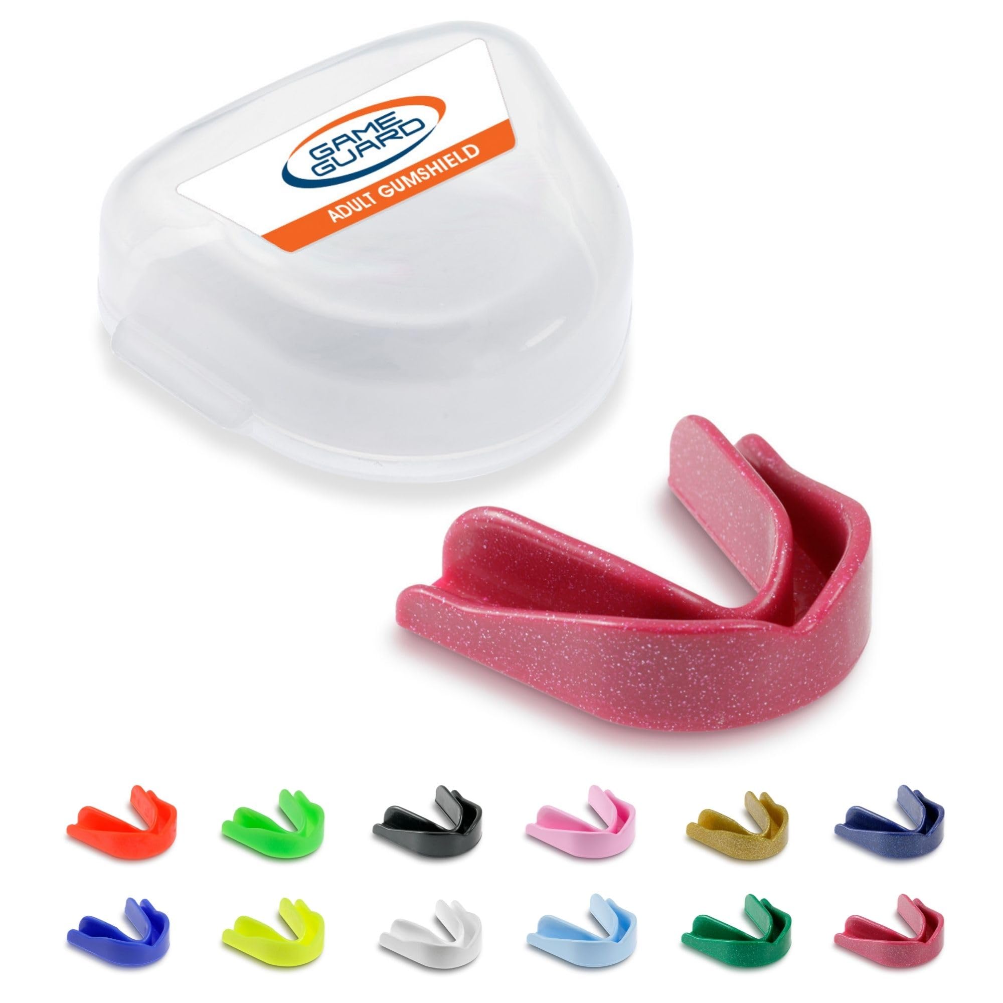 GAME GUARD Sports Mouthguard – Easy Fit Boil & Bite Gum Shield for Adults & Teens (Age 13+) – Mouth Guard for Rugby, Hockey, GAA – Ideal for Schools and Clubs (Pink Sparkle)