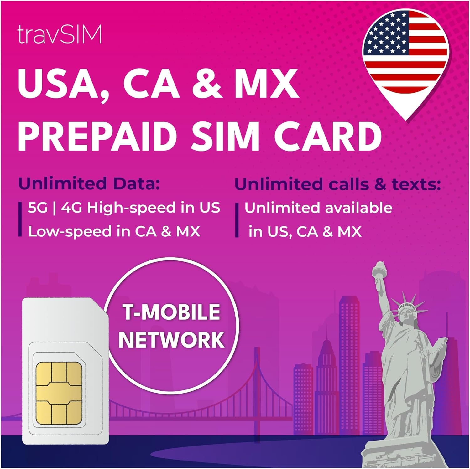 travSIM USA SIM Card (T-Mobile SIM Card) Valid for 15 Days – 50GB 3G 4G LTE Mobile Data - United States T-Mobile US SIM Card (Also works in Canada & Mexico, 5GB Combined)