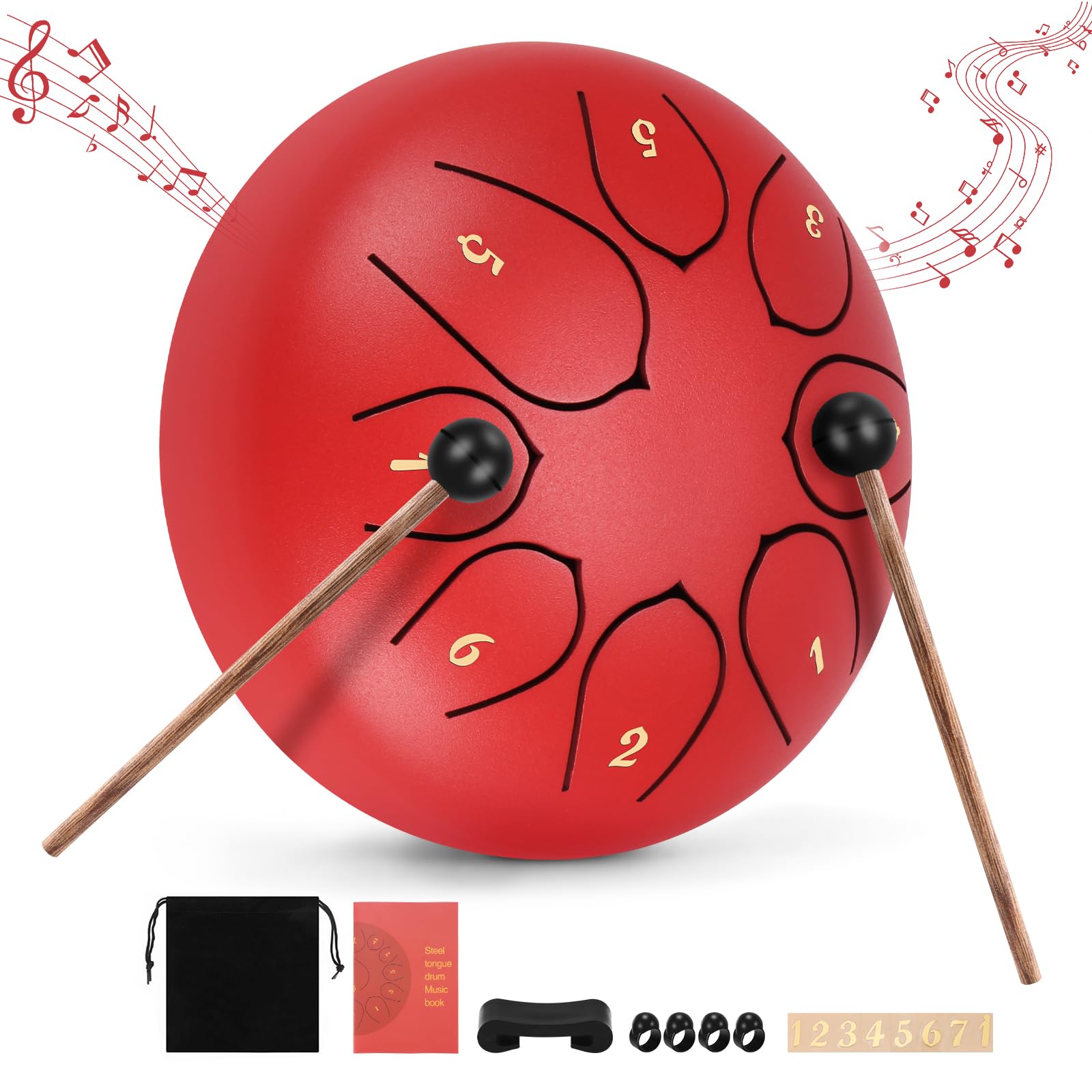 6 Inch Steel Tongue Drum D Key, 8 Tone Lotus Handpan Drum with Carry Bag, Mallets & Finger Picks, Easy Play Percussion Instrument for Meditation, Yoga, Music Beginners (Red)