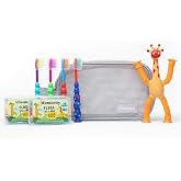 Denterity Little Smiles Kids Oral Care Kit, 9 Piece Set with Toothbrushes, Floss Picks, Waterproof Travel Pouch and Giraffe Suction Toy
