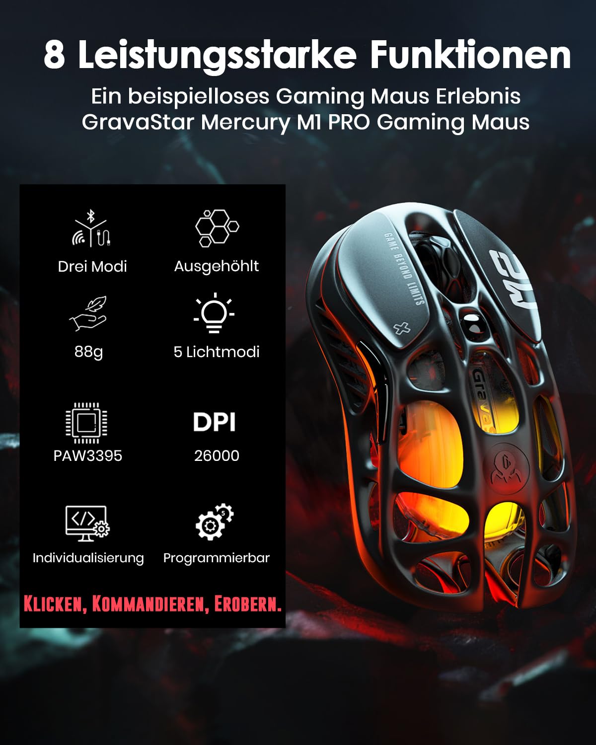 GravaStar Mercury M2 Gaming Maus Kabellos mit 26.000 DPI, PAW3395 DM Sensor, 79 g Ultraleicht, 5 RGB-Modi, 5 programmierbare Tasten, Tri-Mode (2,4 GHz/Bluetooth/Kabel), für PC/Mac – Schwarz 2