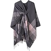 YnimioAOX Women's Poncho Shawl Wrap Soft Knit Cross Front Plaid Cape Cardigan with Tassels for Fall Winter