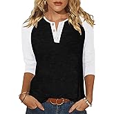 Halife Women's Casual 3/4 Sleeve T Shirts Button V Neck Tunic Blouses Color Block Basic Tee Tops Loose Fit Summer Shirt