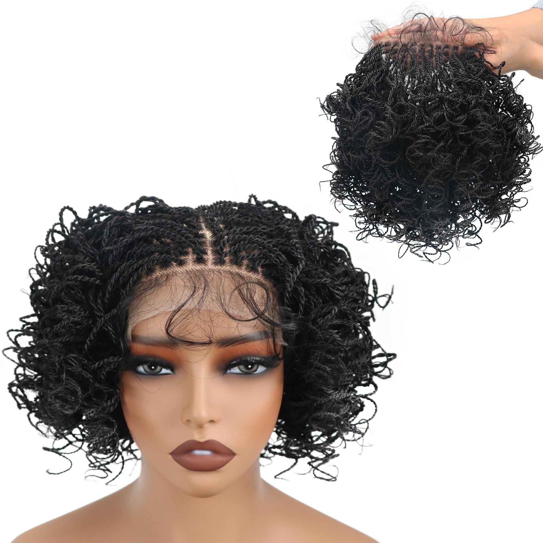 Photo 1 of lumeng Micro Twist Braided Wigs for African American Women Glueless 5x5 Lace Closure Pre-looped Curly Mini Senegal Passion Twist Lace Front Wig with Baby Hair 12’’ Synthetic Black Hair Ready to Wear