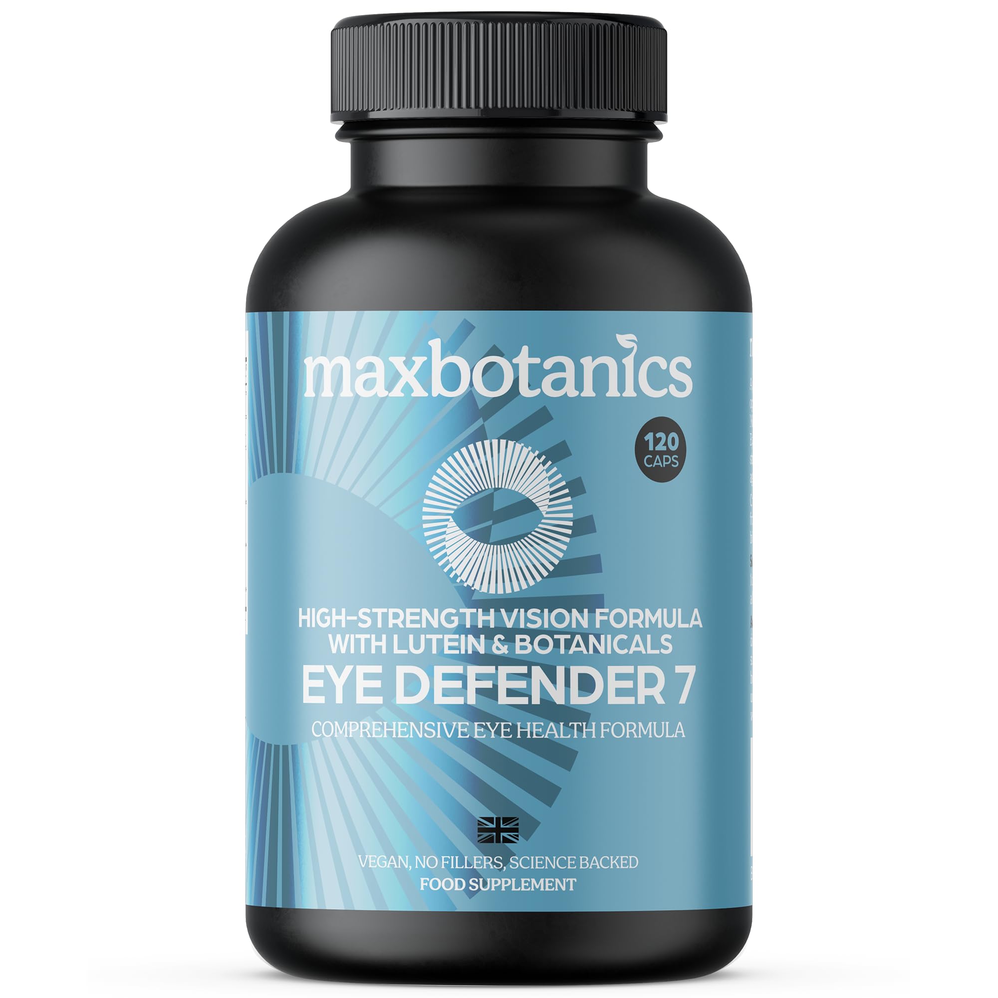 Max Botanics Eye Defender 7 Long-Term Eye Health Formula Supplements Lutein Zeaxanthin Bilberry Goji Blackcurrant Eyebright Support Clear Healthy Vision No Additives Vegan GMP 120 Capsules UK Made