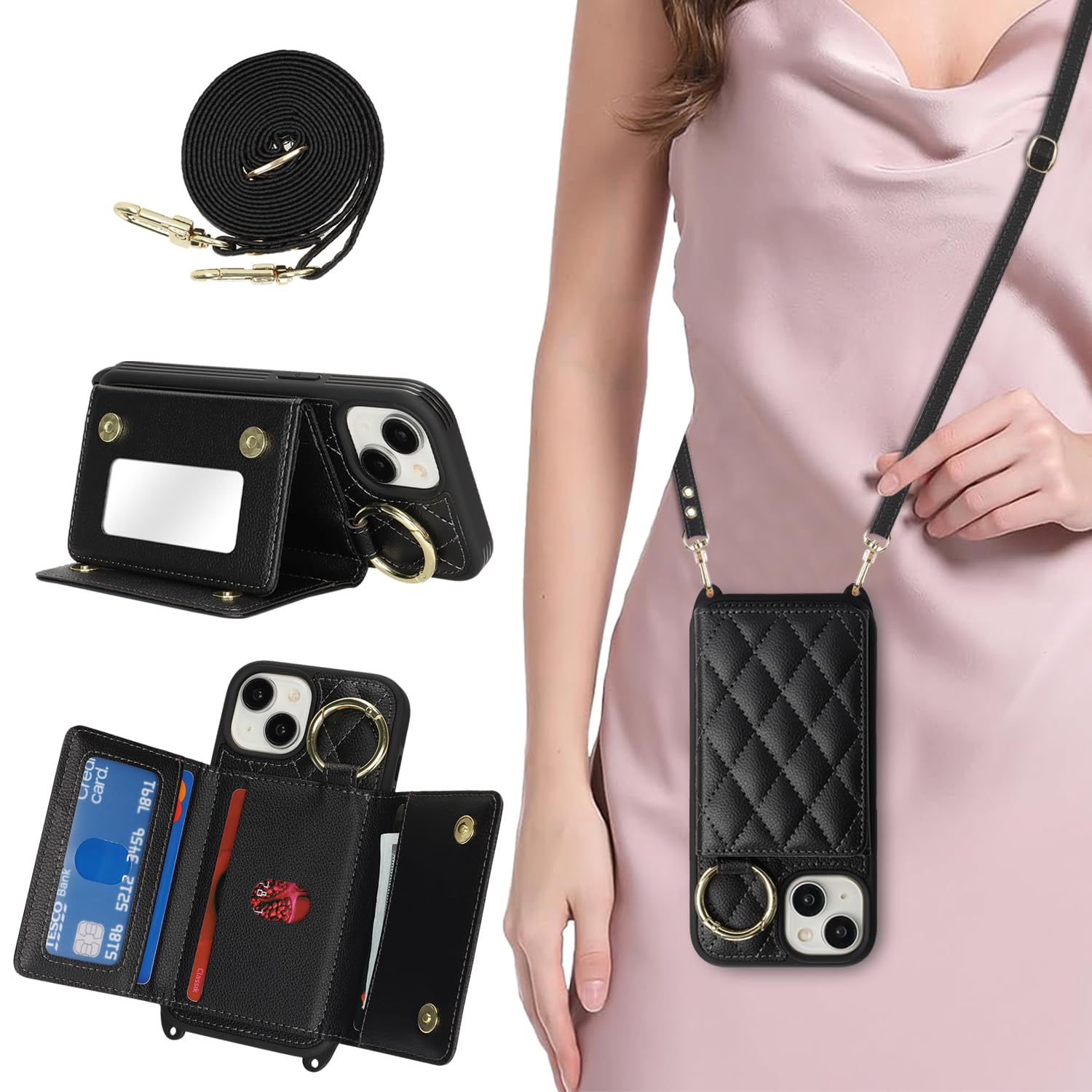 DEYHU for iPhone 14 Case with Card Holder and Strap for Women,Crossbody Lanyard, Make Up Mirror,Ring Stand,Snap Clasp,Cute Phone Wallet Cases 6.1 inch - Black