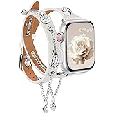 Slim Leather Double Wrap Band Compatible with Apple Watch Bands for Women 38mm 40mm 41mm 42mm 44mm 45mm 49mm 46mm,Top Grain Genuine Leather with Metal Strap Dressy Chain Bracelet for iWatch Series 11/10/9/8/7/6/5/4/3/2/1/SE