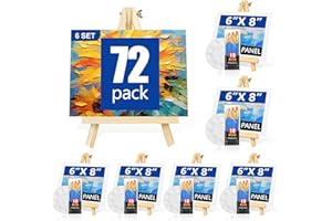 AROIC Canvas and Easel Set,Art Painting Set with 78 Pack (6 PCS 9" Wood Easels, 60 Brushes, 6 Canvas Boards and 6 Palette) Painting Supplies kit for Kids & Adults to Painting Party