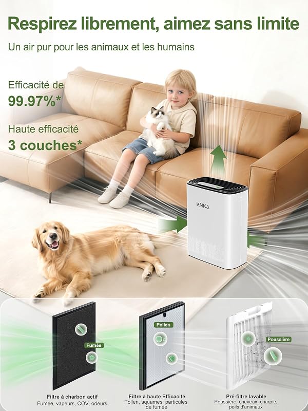 Purificateur d'Air, CADR 300 m³/h, jusqu'à 80 m², filtre HEPA, Blanc