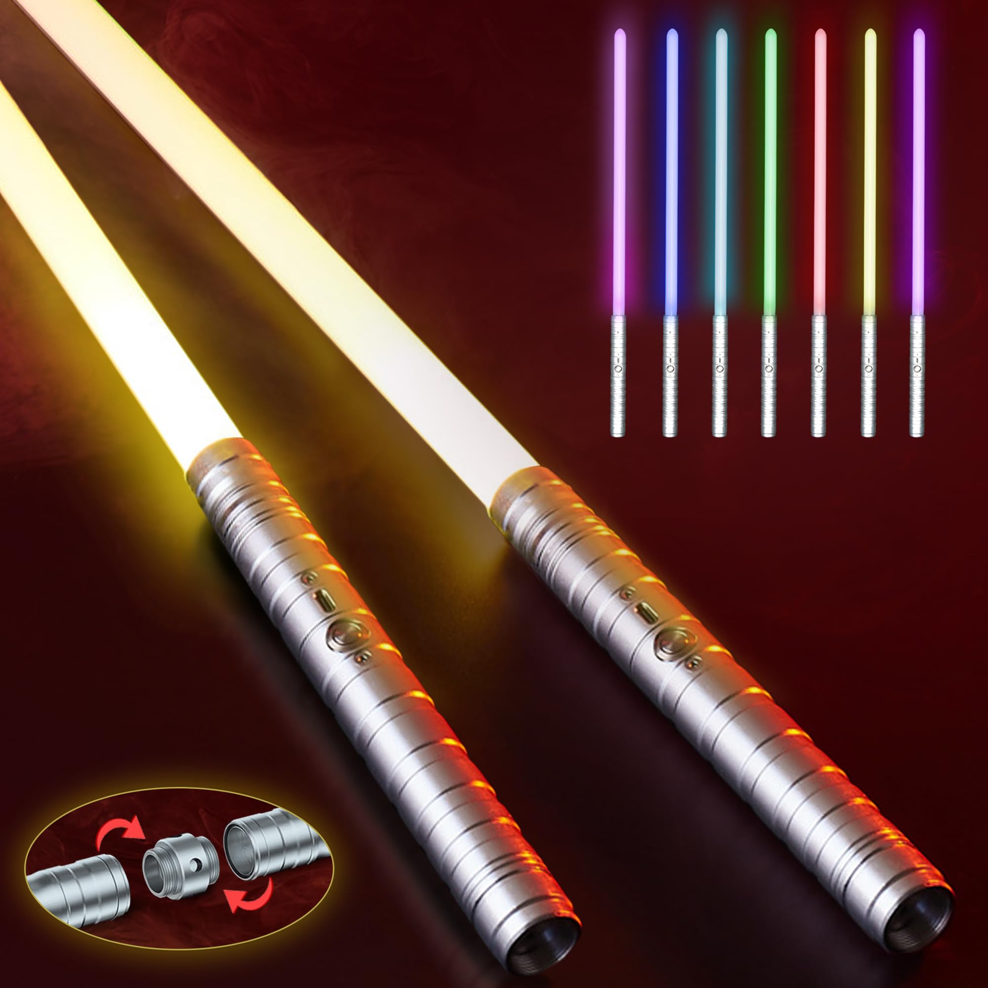 Light Sabers for Kids and Adults – Lightsaber Set of 2 | USB Rechargeable Double Lightsabers | Doublebladed Lightsabers with 15 Colors and Sound Effects | Lightsaber Toy with Gray Metal Handle