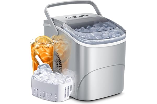 AGLUCKY Ice Makers Countertop with Handle,26.5Lbs/24H,9 Cubes in 6 Mins,2 Sizes of Bullet Ice,Portable Ice Maker Machine with Self-Cleaning,Perfect for Home Kitchen(Grey)