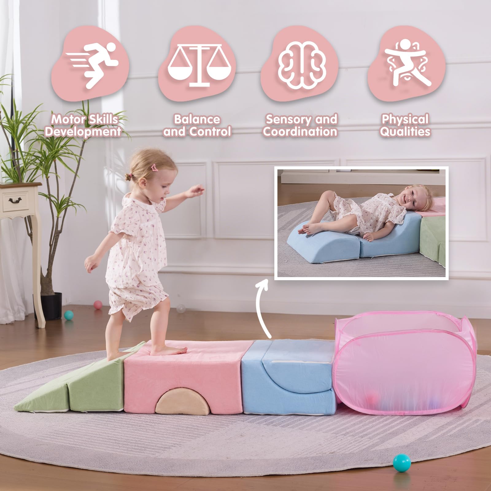 Parkside Wind Foam Climbing Blocks Set with Pop Up Ball Pit, Toddler Climbing Toys Indoor, Kids Soft Play Climb and Crawl Activity Playset for 0-3 Years Old, Foldable for Space-Saving Storage