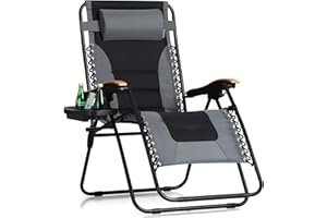MFSTUDIO Zero Gravity Chairs, Oversized Patio Recliner Chair, Padded Folding Lawn Chair with Cup Holder Tray, Support 400lbs, Grey