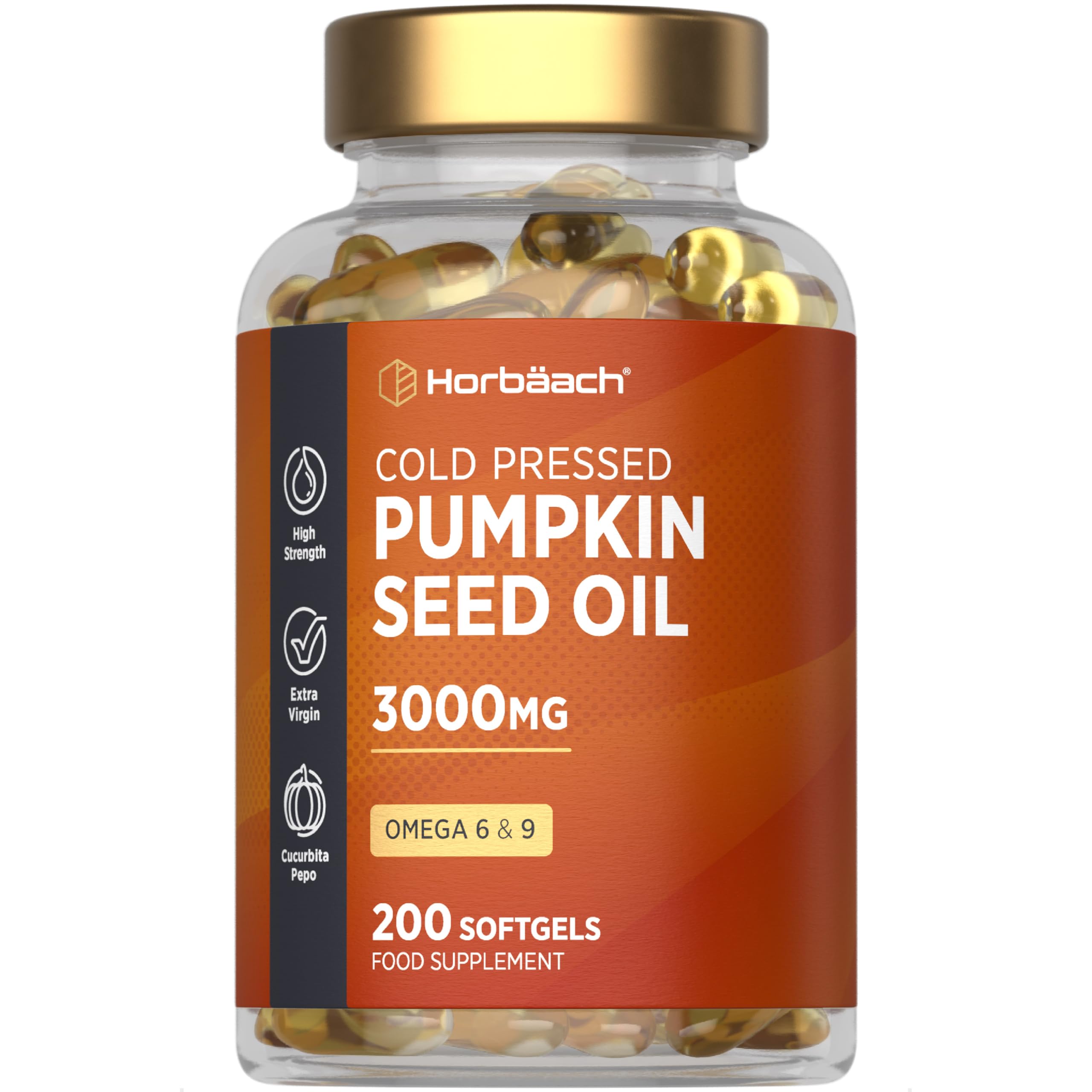 Pumpkin Seed Oil Capsules 3000mg | 60% Omega 6 Linoleic & 9 Oleic Essential Fatty Acids | 100% Cold-Pressed Supplement | 200 Softgels | by Horbaach