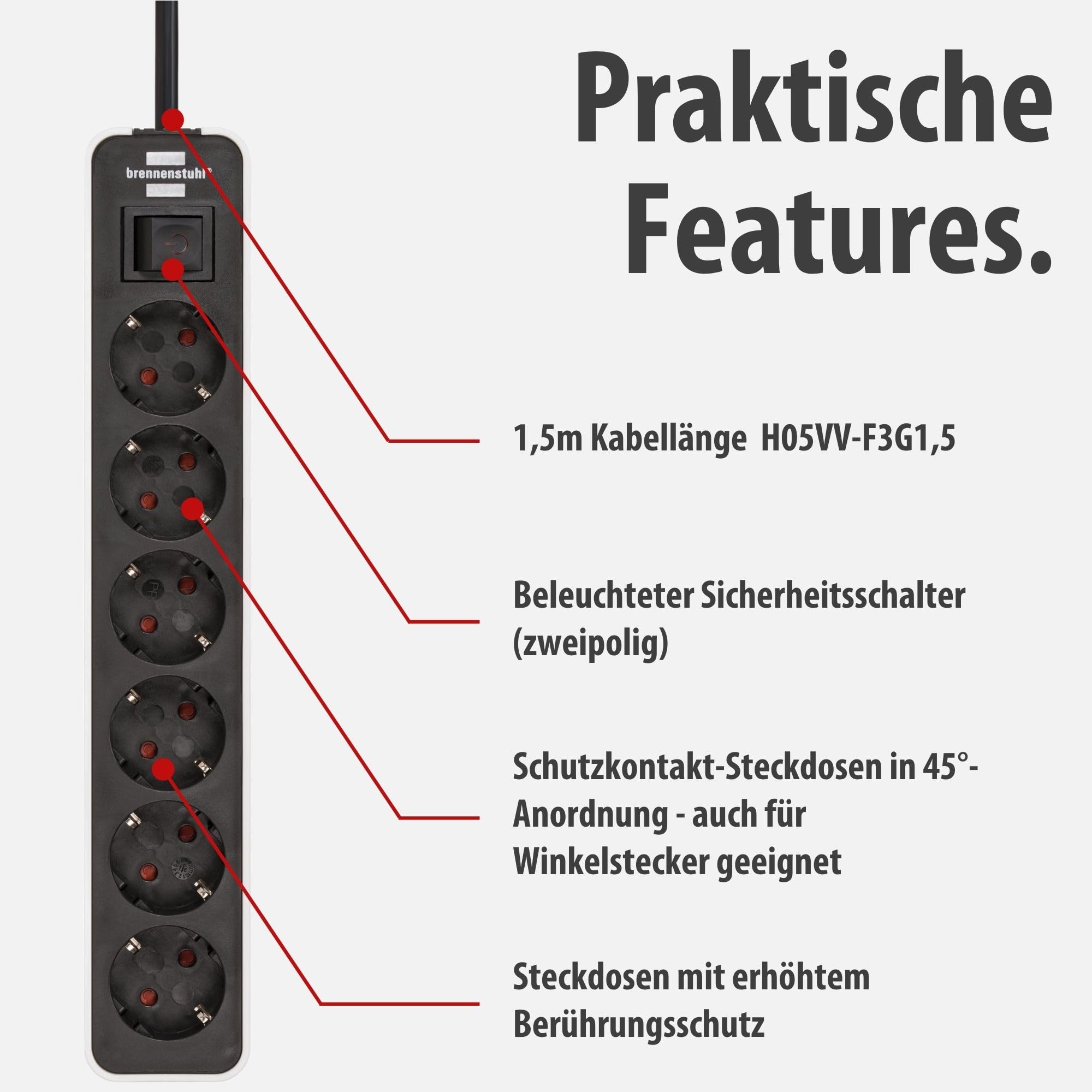 Brennenstuhl Ecolor Steckdosenleiste 6-Fach (Mehrfachsteckdose mit Schalter und 1,5m Kabel) schwarz/weiß 3