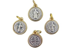 Needzo Religious Gifts Gold and Silver Tu Toned Base Medal Saint Benedict Pendant, Set of 4, 3/4 Inch