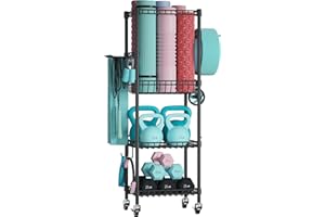 VOPEAK Home Gym Storage Rack with Wheels, Yoga Mat Storage Organizer for Kettlebells, Dumbbells, Resistance Bands, Space Saving 3-Tier Weight Rack for Home Gym, Garage, Easy to Install