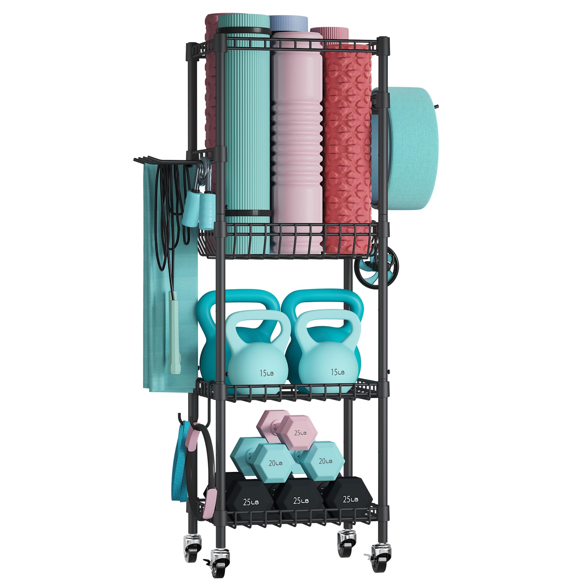 Photo 1 of VOPEAK Home Gym Storage Rack with Wheels, Yoga Mat Storage Organizer for Kettlebells, Dumbbells, Resistance Bands, Space Saving 3-Tier Weight Rack for Home Gym, Garage, Easy to Install (Black)