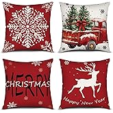 PICKFORU Red Christmas Throw Pillow Covers Set of 4, 18x18 Inch Square Pillow Covers, Deer Snowflakes Pickup Trucks Cushion Case for Sofa Living Room