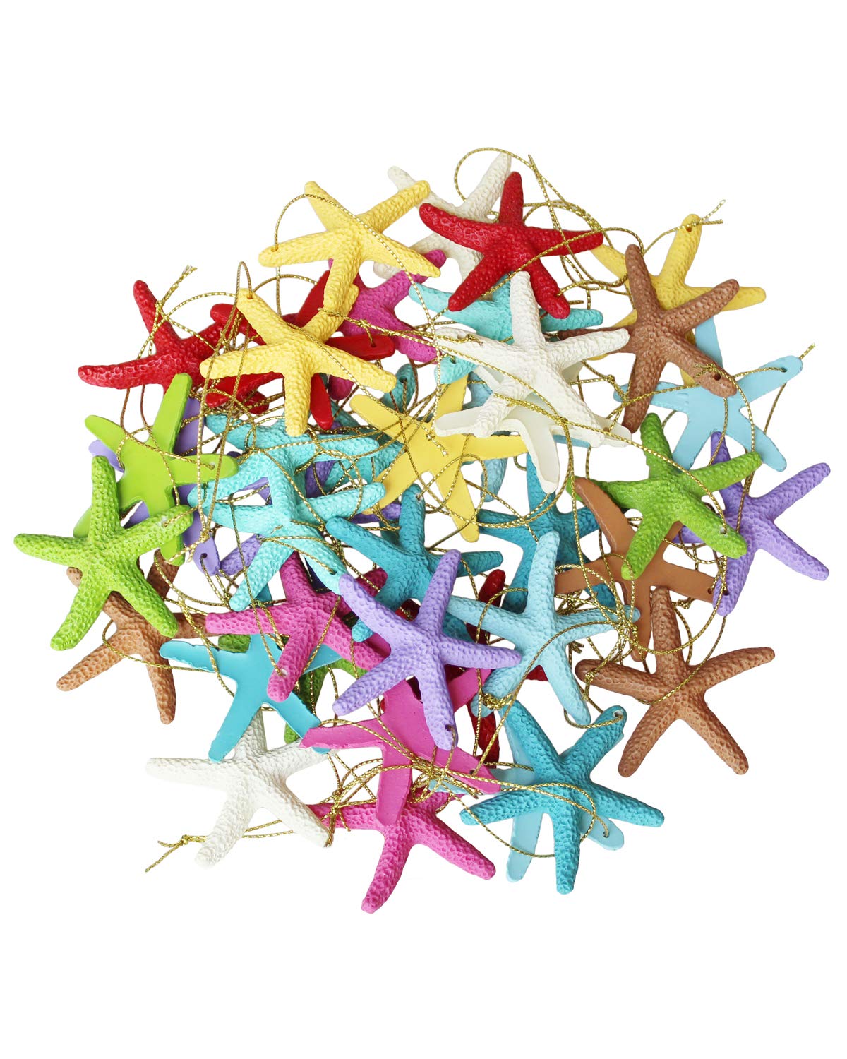 LJY 40 Pcs Resin Starfish Ornaments with Hanging Cords 6 cm, 10 Colours Artificial Sea Stars for Christmas Tree Decoration, Wedding Party, Home Decor and DIY Crafts (Star)