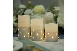 H-BLOSSOM Flickering Flameless Candles Ivory Real Wax Pillar with Embedded String Lights LED Candles Battery Operated with 10 Key Remote and Cycling 5H Timer Set of 3 (3" x 4"/5"/6") (Silver)