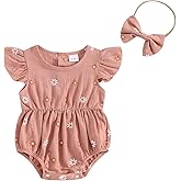 Newborn Baby Girls Daisy Printed Clothes Pleated Ruffled Sleeve Romper Cute Summer Outfit with Headband