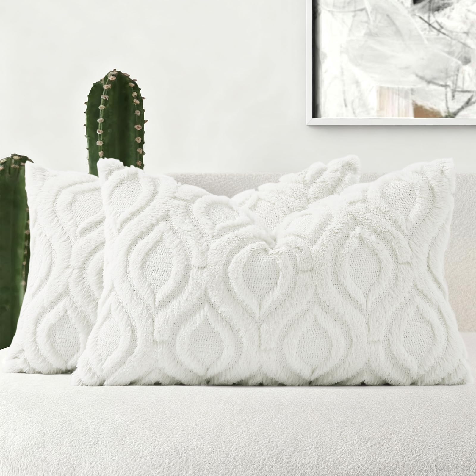 decorUhome Set of 2 Faux Fur Cushion Covers 30x50 cm, Decorative Soft Plush Fluffy Velvet Cushion Cover 12X20 Inch, Rectangle Boho Neutral Pillow Case for Sofa, Cream White — image 1