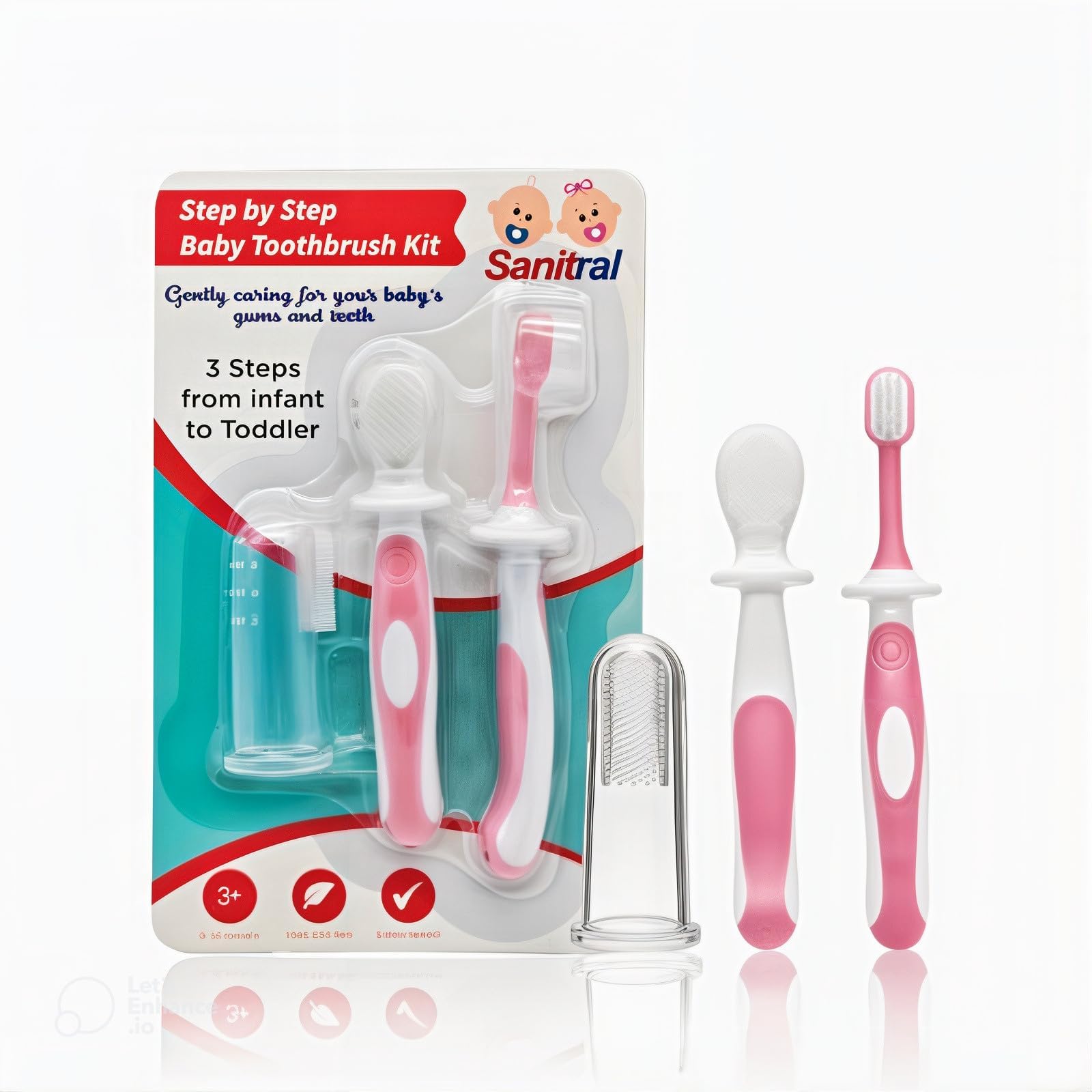 Sanitral Baby's First Toothbrush Kit - 0-2 Years - 3-Pack (Finger, Silicone, Toddler) - Pink, Safety-Tested & BPA-Free