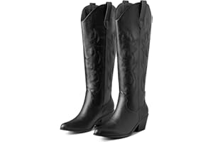 mikarka Cowboy Boots for Women - Cowgirl Boots Womens, Women's Knee-High Western Boots, Ladies Tall Country Boots with Side Zipper and Classic Embroidery Retro Fashion Boots Pull On for Ladies