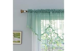 PearAge Beaded Sheer Valance Curtains for Living Room,Rod Pocket Farmhouse Window Valance, Bead Trim Tassel Voile Sheer Curtain Valance for Bedroom Bathroom Cafe 51x24 Inches (Mineral Blue) 1PC