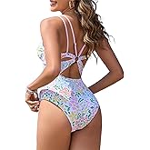 ZAFUL Women's One Piece Swimsuit Tummy Control Slimming Swimwear Floral Double-Strap Back Cut Out Bathing Suit
