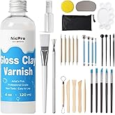 Nicpro 120ml Air Dry Clay Glaze and 32 PCS Clay Tools Kit, A Gloss Varnish Protects Clay from Surface Wear, Pottery Tools Can be Used for Stippling, Carving, Molding, and Shaping Crafts