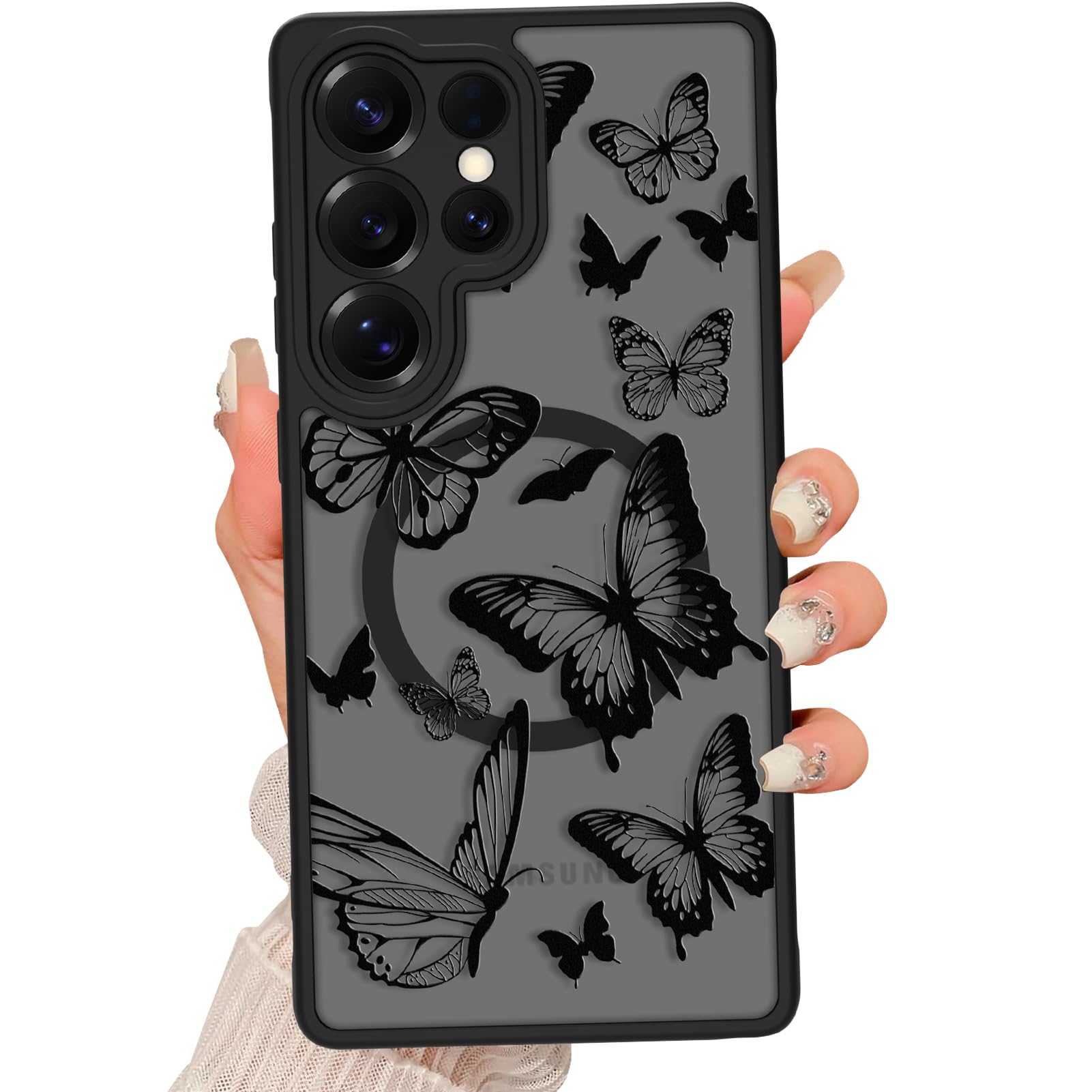 Fsoole Magnetic for Samsung Galaxy S26 Ultra Case [Compatible with MagSafe] Cute Butterfly Print Pattern Design, Slim Bumper Translucent Matte Protective Cover for Women Girls, Black