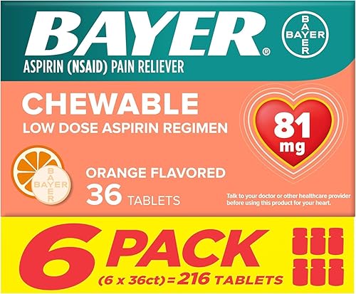 Bayer Aspirin Low Dose 81 mg Chewable Tablets, Pain Reliever, Orange Flavored, 216 Tablets (6 Pack)