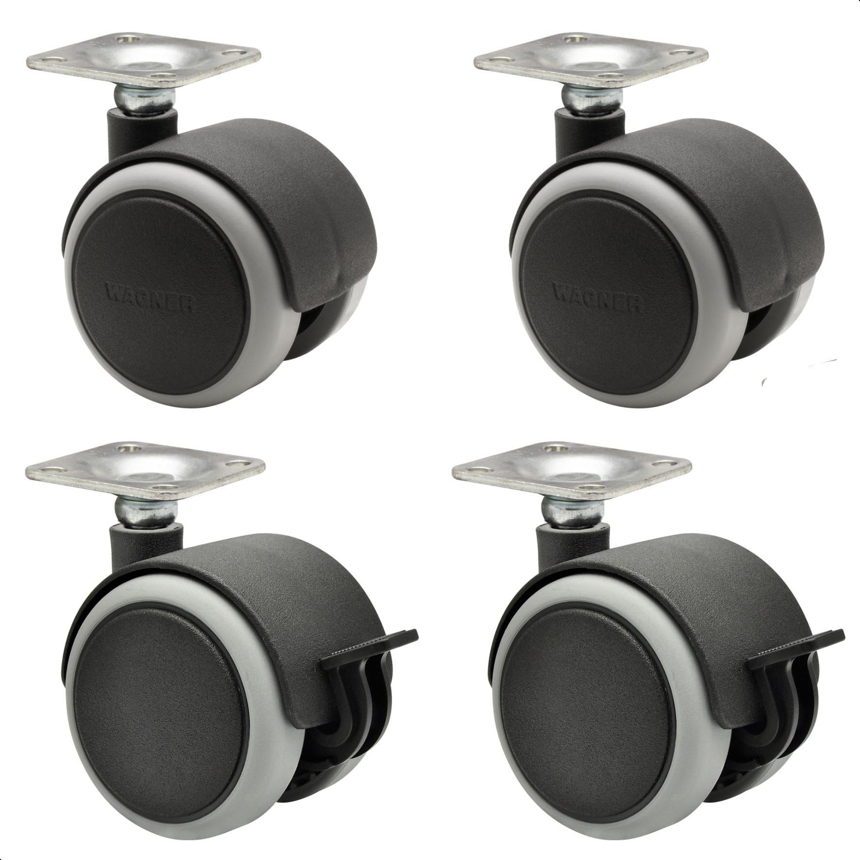 WAGNER furniture castors/double castors - 4pcs. set - SOFT - diameter Ø 50 mm, soft running surface, screw-on plate 42 x 42 cm, 2 with brakes, load capacity 50 kg/castor - 02172888