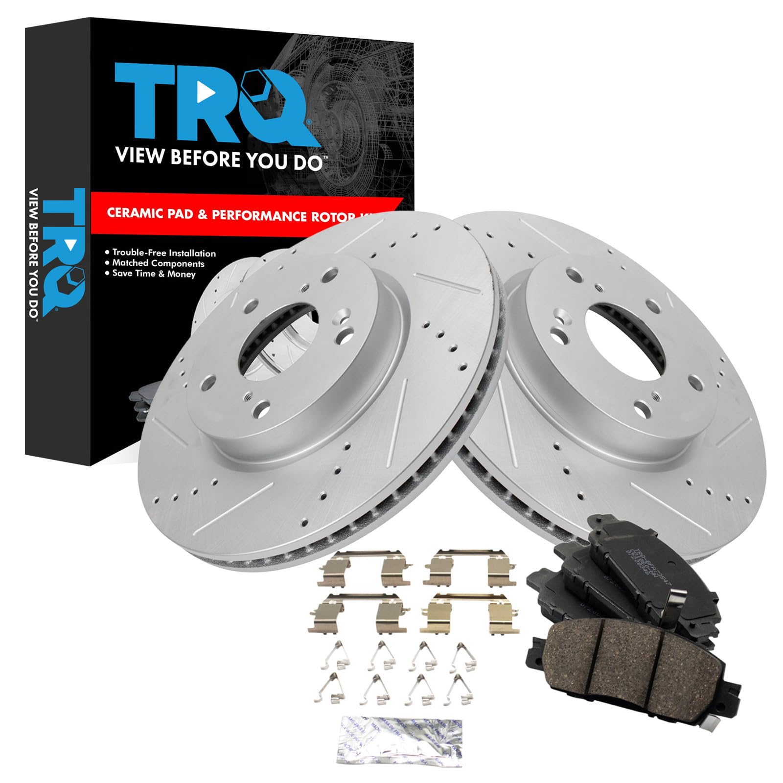 TRQ Front Brake Pad and Rotor Set Ceramic Coated Drilled Slotted Rotors Compatible with 2017 Honda Accord Image