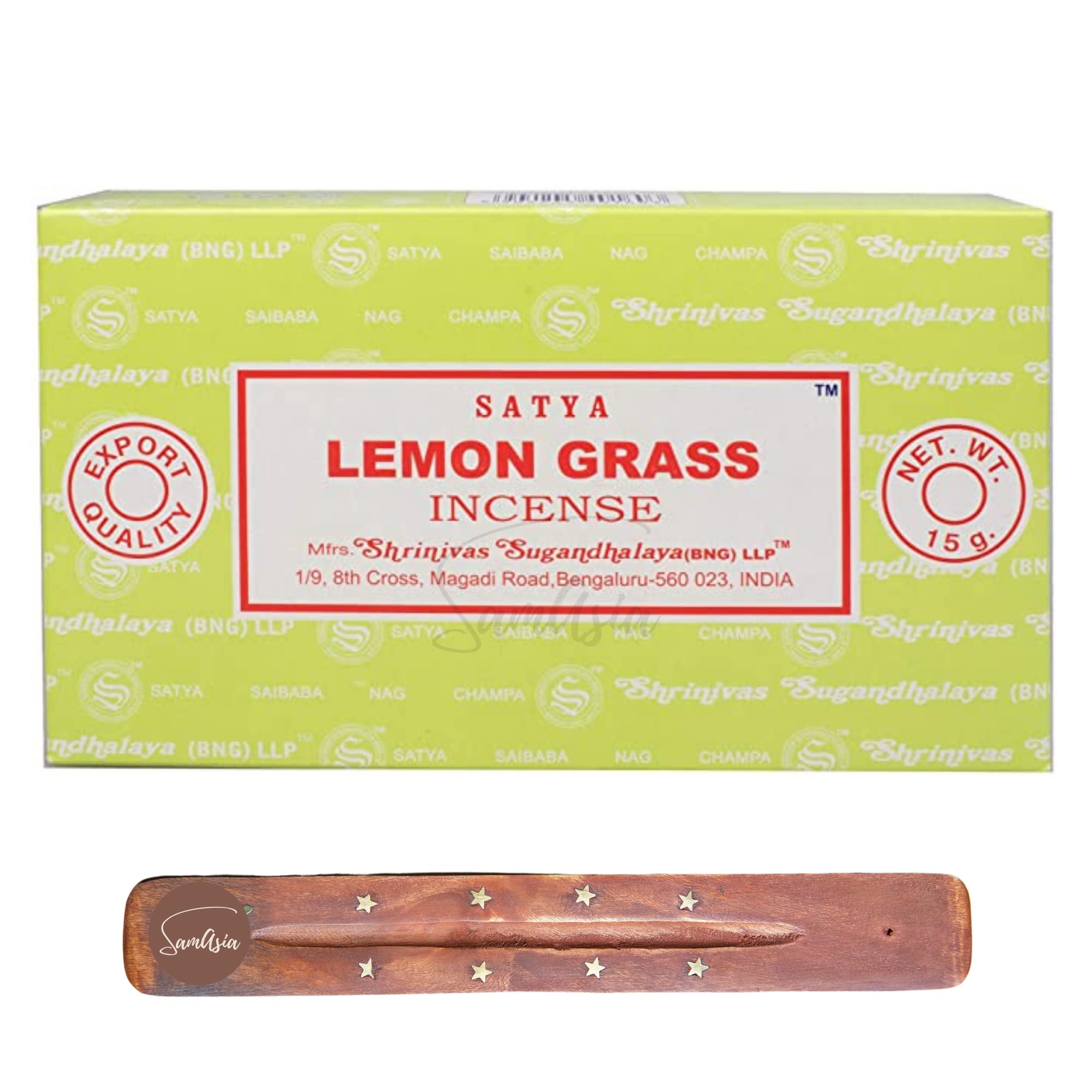 Satya Nag Champa Lemon Grass Incense Sticks | x12 pack | with SAMASIA incense sticks holder | Used for Leomatherapy, Spa, Yoga, Weddings, Meditation, Healing, Positivity and Relaxation — image 1