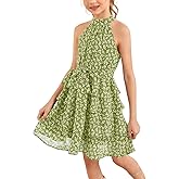 Imily Bela Girls Floral Ruffle Dress Halter Neck Kids Chiffon Summer Party Dress with Belt