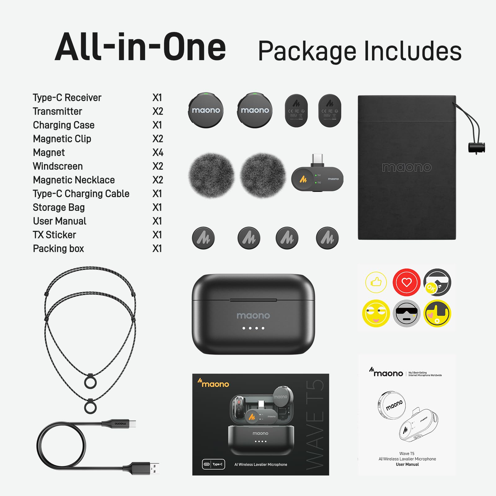 MAONO Wireless Lavalier Mikrofon für iphone 15/16, Android (USB-C Plug) - Handy Mikrofon mit 48kHz/24Bit, 30H Akkulaufzeit, 300m Reichweite, Noise Cancellation. Mini Aufnahme Mic für Vlogging -Wave T5 7