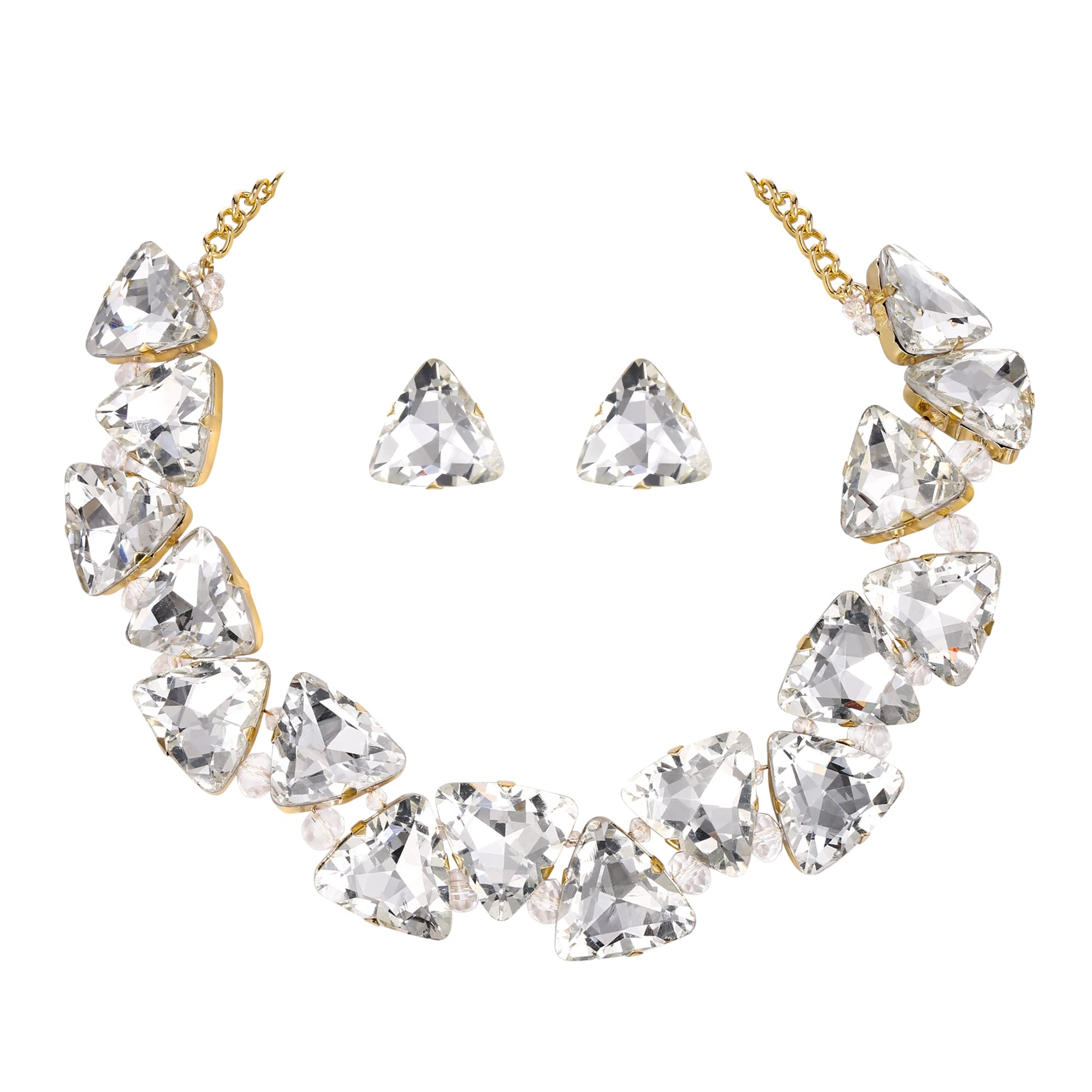 Clearine Art Deco Statement Necklace Earrings Set for Women Sparkly Rhinestone Crystal Triangle Jewellery for Prom Party Clear Gold-Tone — image 1