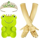 Preboun Princess Costume Accessories for Women,Green Tiara Crown Gloves Stuffed Frog Set for Halloween Cosplay Dress up Party