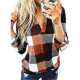 Dokotoo Womens Basic Casual V Neck Plaid Print Cuffed Long Sleeve Work Tops Blouses Shirts S-2XL