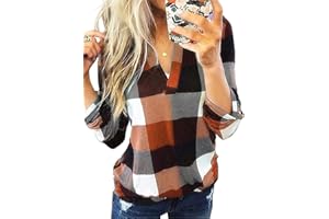 Dokotoo Womens Basic Casual V Neck Plaid Print Cuffed Long Sleeve Work Tops Blouses Shirts S-3XL