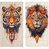 Poytmtiy Lion Tiger Hand Towels Set of 2 Animal Colorful Geometric Art Bathroom Kitchen Towel Lightweight Breathable Face Towel for Gym Hotel Sport Decor 14"x28"